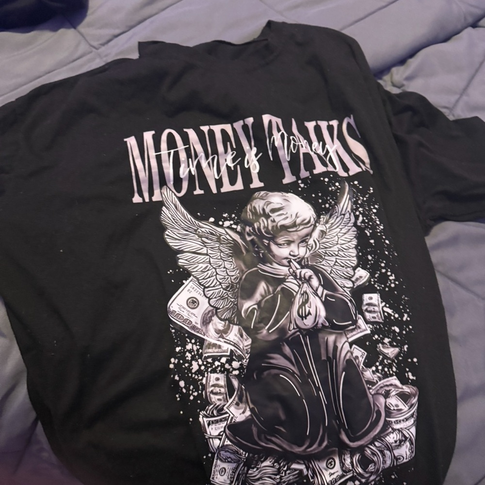 Black Money Talks Graphic Tee with Angel Design